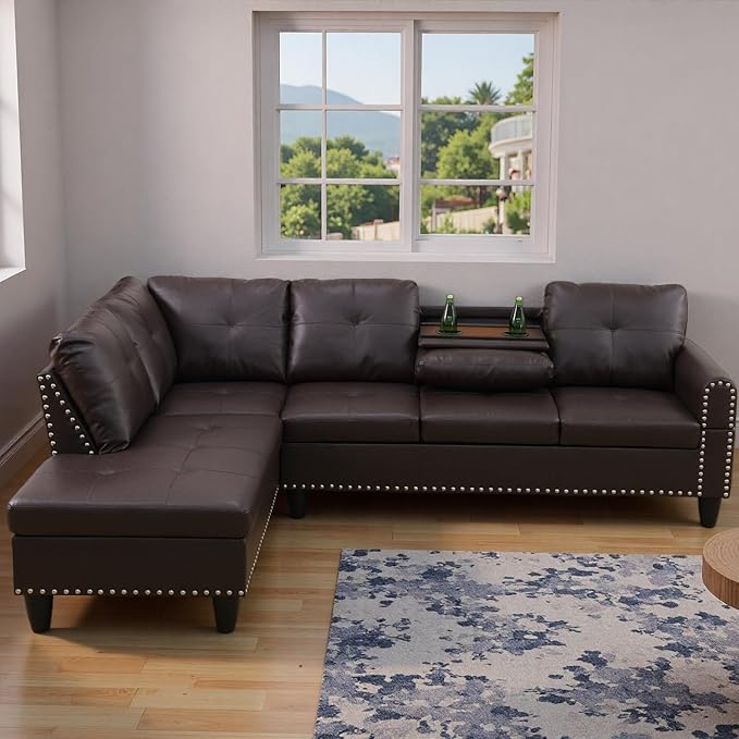 L Shape Sectional Couch with Chaise, 97.5 Inch Modular Sofa with Cup Holders, Sectional Couches for Living Room, Ergonomic Reclined Backrest, for Office and Small Apartment, Brown