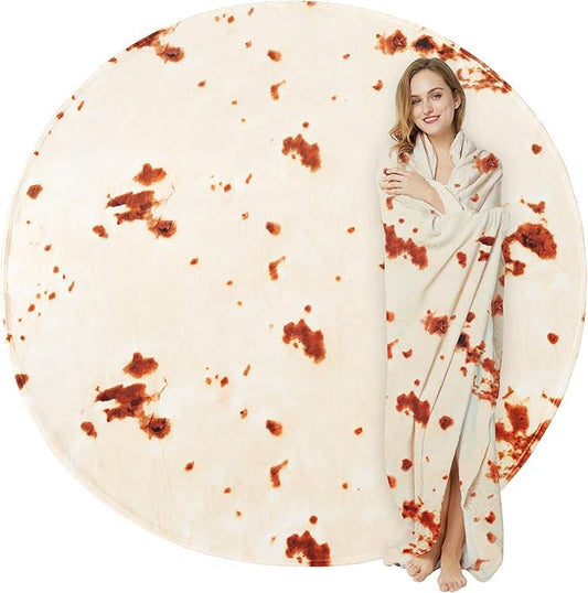 LetsFunny Burrito Tortilla Throw Blanket, 90in Giant Funny Realistic Food Blankets, Double Sided Burrito Taco Tortilla Wrap Blankets for Adults, Soft Flannel Round Blanket for Women