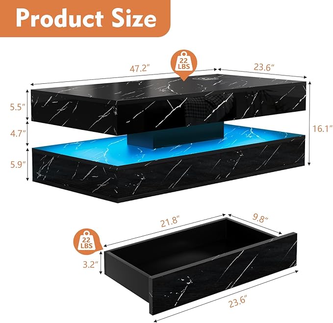 47" Modern LED Coffee Table with 2 Drawers, High Glossy Double-Layer Center Table with Wireless Charging and Built-in Bluetooth Speaker Smart Table for Living Room with Marbling