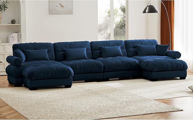 KEIKI 166" U-Shaped Oversized Velvet Modular Sectional Sofa with 2 Ottoman, High-Density Foam Cushions and Bolstered Armrests, Upholstered 4-Seater Cloud Couch with 6 Pillow, for Living Room, Blue