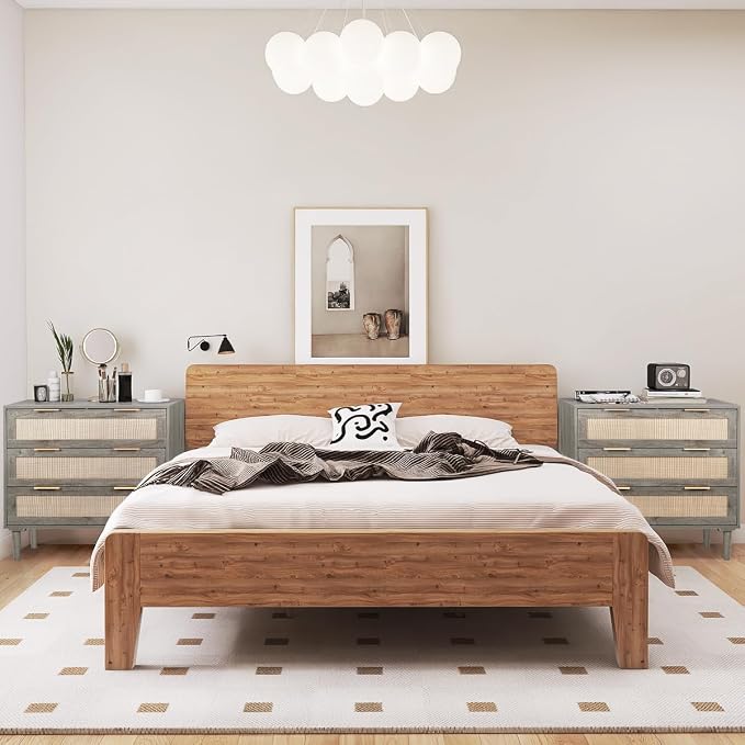 HOPUBUY Large Nightstand Set of 2 with Rattan Drawer, Modern 3 Drawer Night Stand for Bedroom, Wooden Bedside Table for Queen Size and King Size Bed,Grey - Image 5