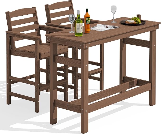 SERWALL Outdoor Bar Set - 2 Adirondack Bar Chairs & Bar Height Table with 1.6" Umbrella Hole, All-Weather HDPE Patio Furniture for Poolside, Backyard, Garden - Brown by SERWALL