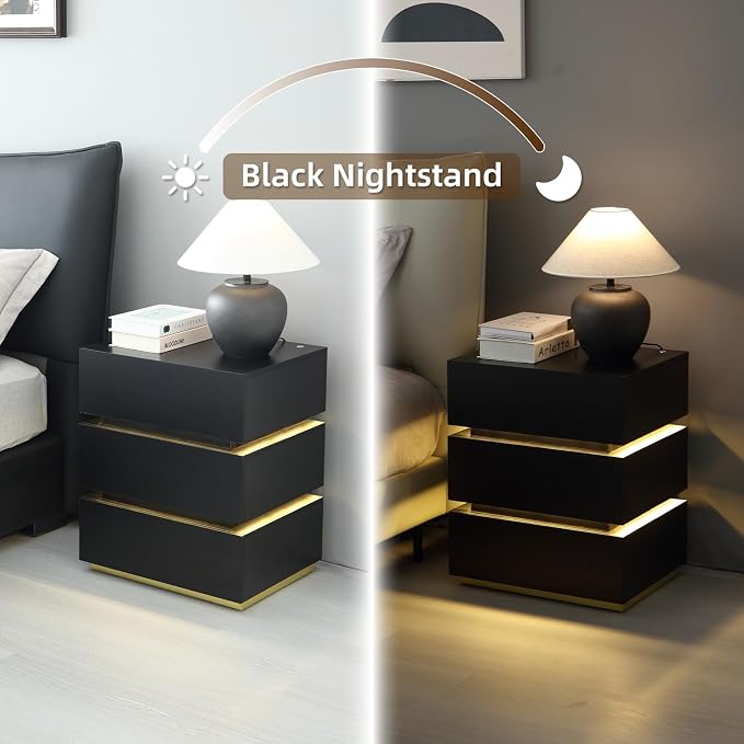 Nightstand Set of 2, LED Night Stand with Charging Station & 3 Storage Drawers, Modern Bedside Tables with USB Ports for Bedroom, Living Room - Image 6