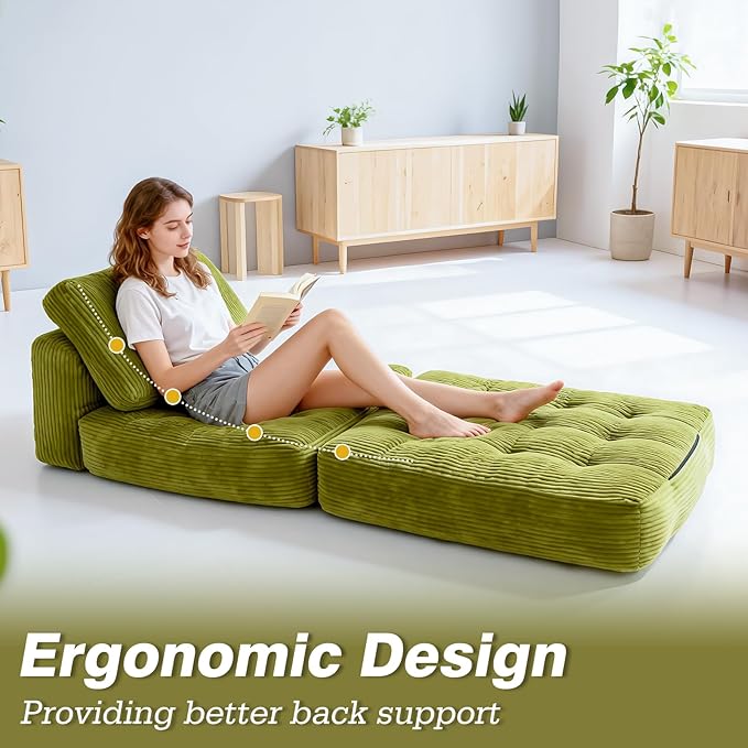 Art3d Folding Sofa Bed, Convertible Sleeper Sofa Bed with Pilow & Back Support, 3 in 1 Long Futon Boneless Couch, Comfy Floor Couch for Living Room, Bedroom, Grass Green