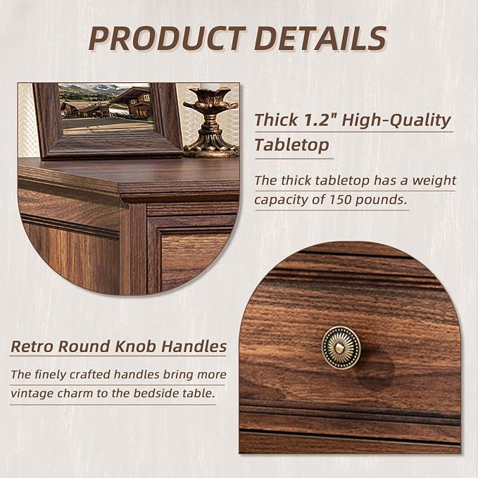 Joaxswe 24" Wide Farmhouse Night Stand Set of 2,Large End Table with 3 Drawers & Metal Handle,Wood Dresser for Bedroom,Bed Side Table Chest of Drawers Cabinet,Brown Nightstand for Living Room,Closet - Image 6