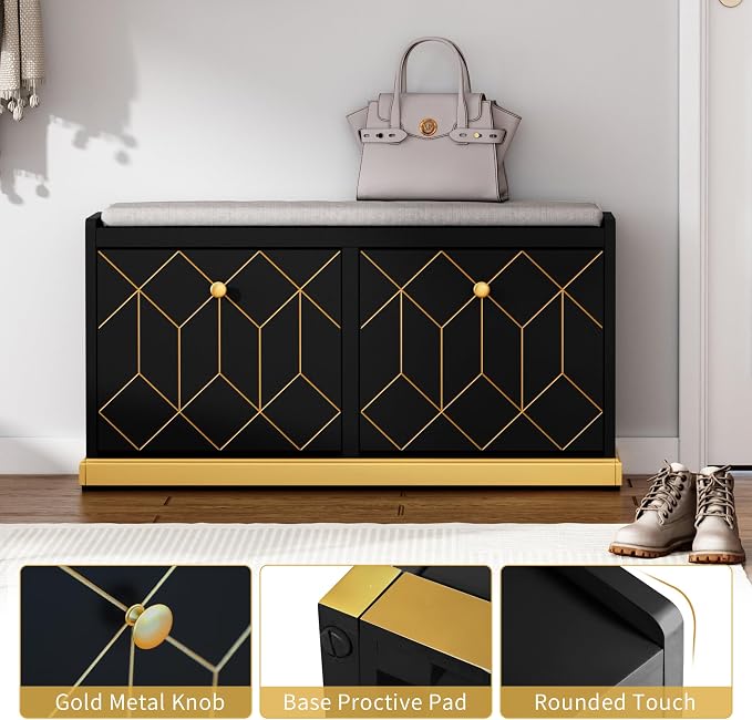 HLR Modern Shoe Bench with Storage, Entryway Bench with 2 Flip Drawer & Padded Cushion Seat, Shoes Storage Bench for Hallway, Closet, Living Room, Black Shoe Storage Cabinet with Bench - Image 5