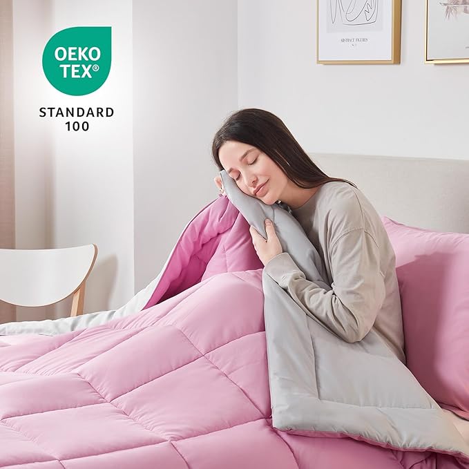 Nestl 3 Piece Quilted Down Alternative Comforter, King Size with 2 Pillow Shams, All Season Pink/Light Grey Duvet Inserts
