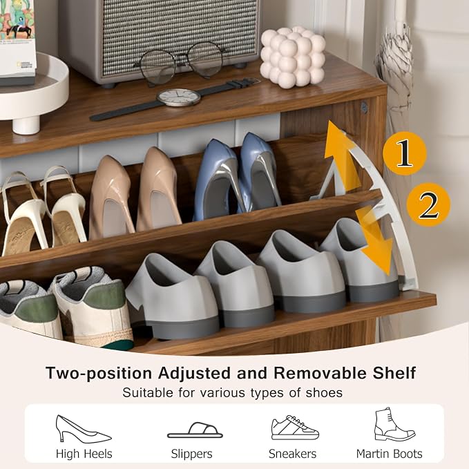 Fsbecl Shoe Storage Cabinet for Entryway with 2 Flip Drawers, Narrow Wood Shoe Cabinet with Fluted Panel, Freestanding Hidden Shoe Organizer for Foyer, Hallway (Walnut) - Image 5