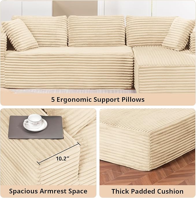 LUCKLIFE Modular Sectional Couch with L-Shape Chaise,Corduroy Upholstery Boneless Couches for Living Room,Oversized Sleeper Sofa,No Assembly Required (Beige, L Shape with Right Facing Chaise)