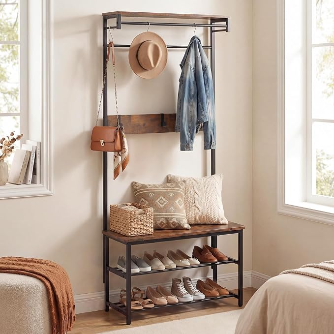 Tangkula Hall Tree with Bench and Shoe Storage, 4-in-1 Industrial Coat Rack with 6 Removable Hooks, Hanging Rod & Top Shelf, Metal Freestanding Coat and Shoe Rack for Entryway, Hallway, Bedroom - Image 2