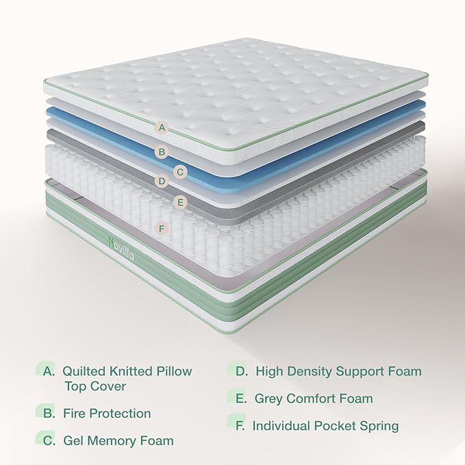 Novilla Queen Mattress, 12 Inch Hybrid Mattress in a Box, Gel Memory Foam with Individual Pocket Springs for a Peaceful Sleep, Queen Size Mattresses, Pillow Top Mattresses with Quilted Cover