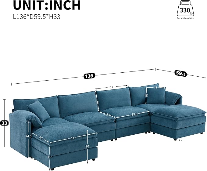 Merax 136" U-Shaped Chenille Modular Sectional Sofa, Oversized Cloud Couch Set with Double Cushions, 6-Seat with Movable Ottomans, Deep & Wide Seating, Blue