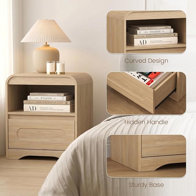 Wood Nightstand Set of 2, Modern Night Stand with Drawers, Oak Nightstand, 22" Bedside Side Table with Open Storage, Curved Corners, Hidden Handle, Night Stands End Table for Bedroom Sofa Couch - Image 7