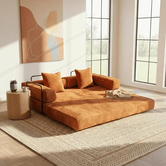 Alpen Futon Sofa Bed Full Size, 4-in-1 Sleeper Sofas with L-Shaped Armrests, Small Sofa Bed Couch for Small Spaces Loveseat Sleeper for Living Room Bedroom, Chenille, Orange