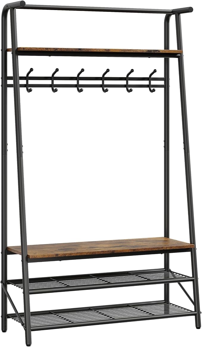 Multi-Functional Hall Tree Coat Rack with Bench & Shoe Storage – Freestanding Metal Frame, 5 Hooks, Clothes Rail – Ideal for Entryway, Hallway, Mudroom – Rustic Brown – 100 Single Row Hooks - Image 6