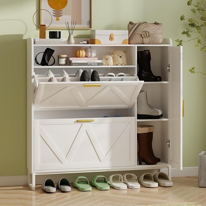 White Shoe Cabinet with 2 Flip Drawers Door, 43"W Hidden Shoe Organizer Cabinet Storage for Entryway, Closet, Boot, Adjustable Shelves, Narrow Shoe Rack Freestanding Cupboard, At Least 20 Pair by GlouModFurniture