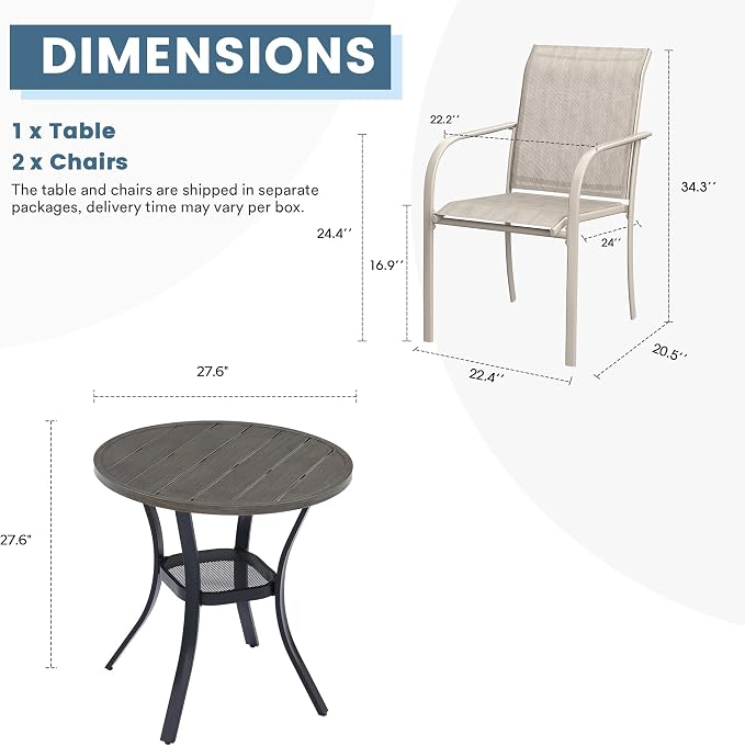 DIFY 3 Piece Outdoor Dining Set for 2, Patio Furniture Set of Grey Wood-Like Small Round Metal Dining Table and 2 Sandshell Textilene Stackable Patio Chairs, for Garden Porch Deck - Image 8