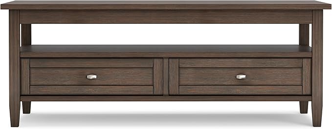 SIMPLIHOME Warm Shaker Coffee Table - 48 inch Wide Solid Wood Coffee Table in Farmhouse Brown, Transitional Living Room Table with 2 Drawers, Open Shelf, Shaker Fronts and Tapered Legs