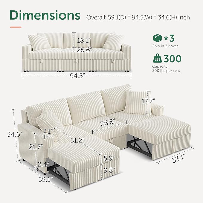 HONBAY 94.5 Inch Sectional Sofa, Modular L & U Shaped Pull Out Couch with Adjustable Backrest & Storage, Velvet White