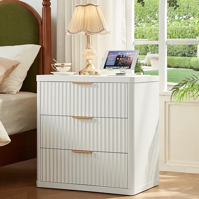 LEYAOYAO 48" Wide Fluted Dresser and 3 Drawers 23" Nightstand Set of 2,Wooden Dresser & Night Stand with Charging Station, 3 Piece Bedroom Furniture Set,Chest of Drawer for Living Room,Antique White