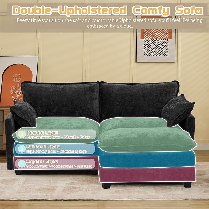 Modular Sectional Cloud Couch, 78" L Shaped Sectional Comfy Couchs for Living Room, 2 Seat Convertible Modular Sofa Couch with Ottomans for Living Room, Apartment, Black