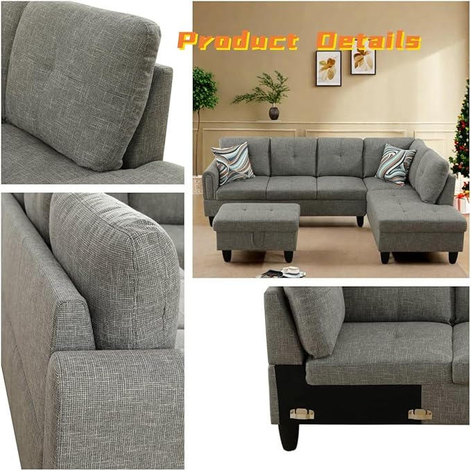FONTOI L Shaped Sectional Couch with Otttoman, 97" Sectional Sofa for Living Room Flannel Modular Couches with Cup Holders for Bedroom, Apartments, Grey