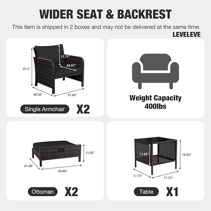 LEVELEVE Patio Conversation Set 5 Piece, Balcony Furniture Outdoor PE Rattan Wicker Lounge Chairs with Soft Cushions, 2 Ottomans & Glass Table for Porch Lawn, Brown (Black Cushions