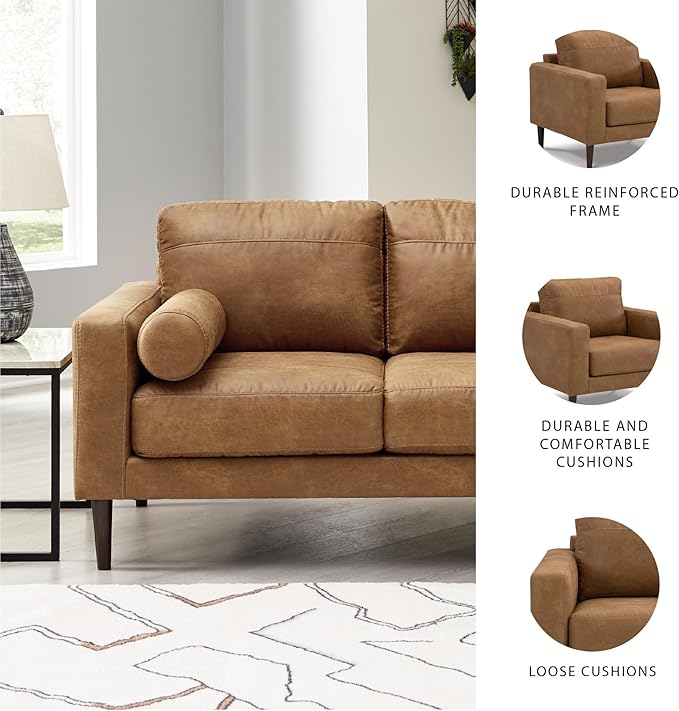 Signature Design by Ashley Telora Modern Faux Leather Loveseat with 2 Bolster Pillows, Dark Brown