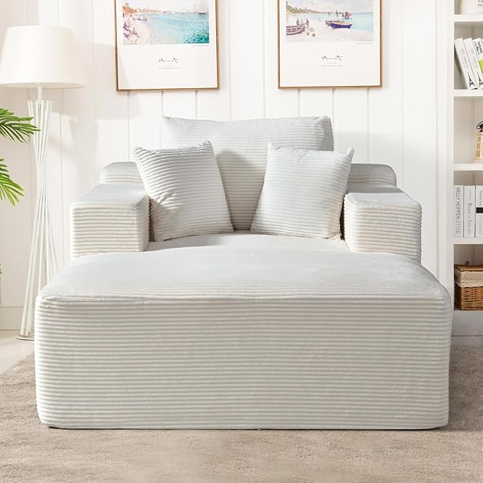 Monroe Convertible Chaise Lounge Chair Indoor – Oversized Corduroy Couch with Wide Armrest & Throw Pillows, Cozy Boneless Sleeper Sofa Bed Armchair, Beige