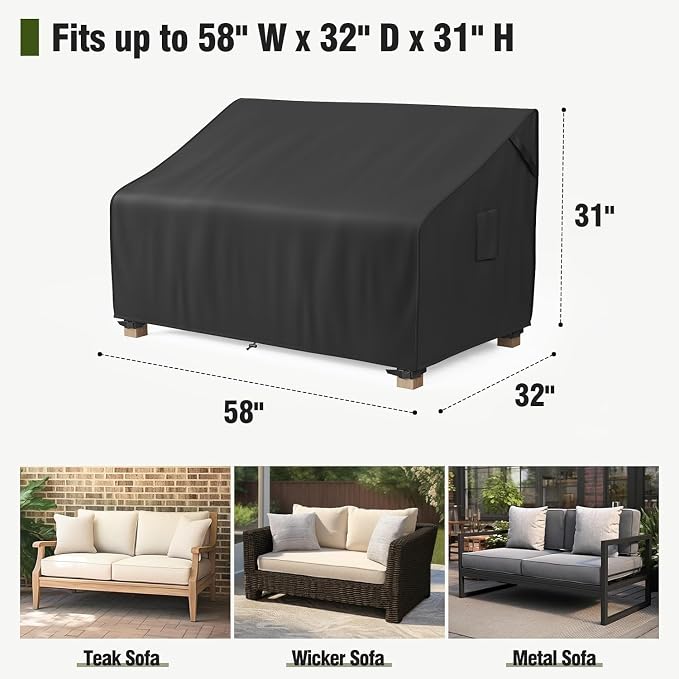 MR.COVER 2-Seater Patio Loveseat Cover, Patio Furniture Covers Waterproof, Heavy Duty Outdoor Couch Sofa Covers with Air Vent and Handles, No Fading and No Tears, Fits up to 58"W x 32"D x 31"H, Black - Image 2