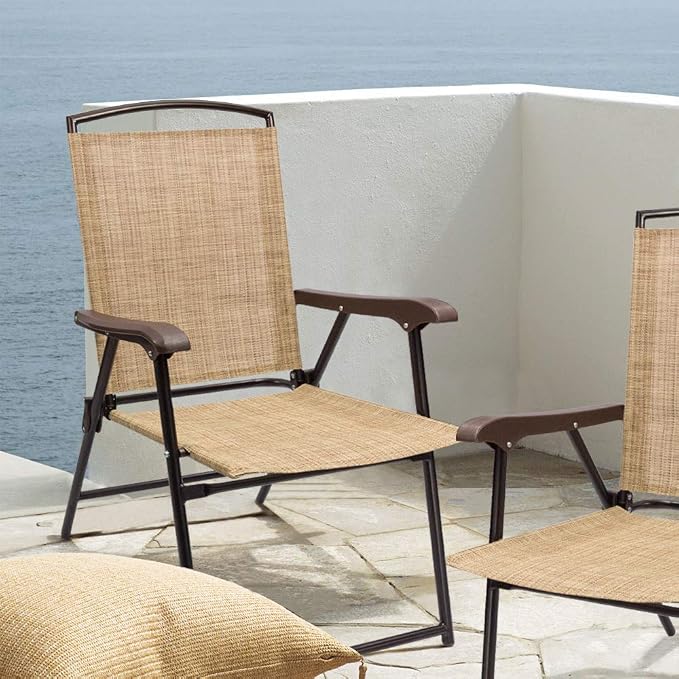 Devoko Patio Folding Chair Deck Sling Chair Camping Garden Pool Beach Using Chairs Space Saving Set of 2 (Beige) - Image 8