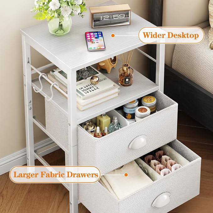 Furologee Nightstands Set of 2, End Table with 2 Fabric Drawers, Night Stand with 2 Hooks, Open Wood Shelf Bedside Table for Bedroom/Living Room/White - Image 4