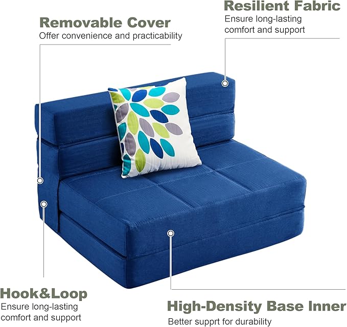 ARTPLAN Fold Sofa Bed-Sleeper Single with Pillow, Modern Futon Sleeper Chair Guest Bed with Washable Linen Cover, Foldable Mattress for Living Room, Dorm, Apartment,Dark Blue