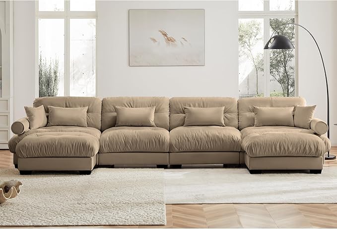 KEIKI 166" U-Shaped Oversized Velvet Modular Sectional Sofa with 2 Ottoman, High-Density Foam Cushions and Bolstered Armrests, Upholstered 4-Seater Cloud Couch with 6 Pillow, for Living Room, Camel