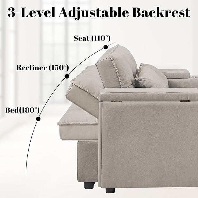 Rovibek 3 in 1 Sofa Bed, 65 Inch Convertible Pull Out Couch with USB and Type-C Ports, Loveseat Sleeper Bed with Small Table, 3 Level Adjustable Backrest for Living Room, Khaki