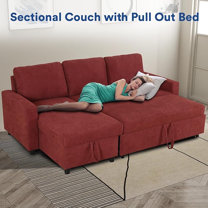 Rovibek 83" Convertible Sofa Bed Couch with Storage - 4 in 1 L Shaped Sofa with Pull Out Couch Bed for Living Room, Apartment, Office, Small Spaces, Red