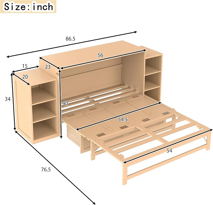 Bellemave Full Size Murphy Bed, Cabinet Bed with 2 Shelves and Storage Drawers, Farmhouse Murphy Cabinet, Noisy Free, for Guest Bedroom, Living Room, Office, Golden