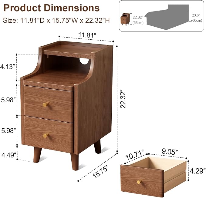 Narrow Nightstand with 2 Drawers,Walnut Nightstand,Bedside Table,Solid Wood Modern Bedside Table for Bedroom,Study,Toilet - Image 2