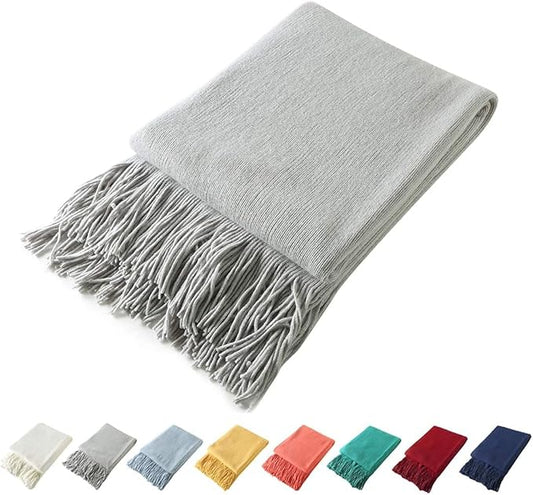Homiest Decorative Knitted Throw Blanket with Fringe - Lightweight Acrylic Knit Blanket Soft & Cozy Tassel Blanket for Couch Sofa Bed - Light Grey, 60 x 80 Inch