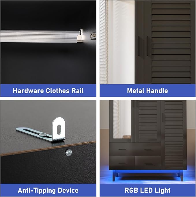 Hlivelood 3 Door Armoire Wardrobe Closet Cabinet with Drawers and LED Lights, Multi-Tier Shelves, Hanging Rod & 3 Louver Doors, Large Capacity Storage Wardrobe Armoire for Bedroom, Black