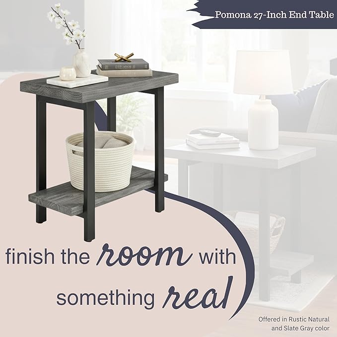 Alaterre Furniture Pomona Living Room Tables – 2-Tier Solid Wood End Table with Metal Legs – Modern Industrial Side Table or Nightstand (Slate Grey)