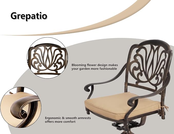 Grepatio 5 Piece Outdoor Dining Set Cast Aluminum Patio Dining Set Table and Chairs Outside Furniture 4 Swivel Chairs with Cushion and 1 Umbrella Hole Round Dining Table for Lawn Garden Patio (Khaki) - Image 3