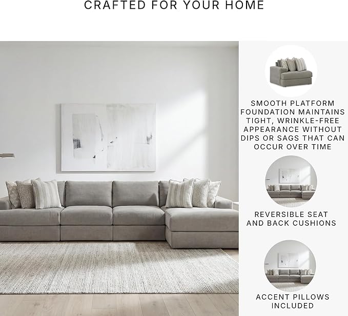 Signature Design by Ashley Avaliyah Modern Modular Anti Sag Right-Arm Facing 4-Piece Sectional with Reversible Cushions and 6 Accent Pillows, Gray