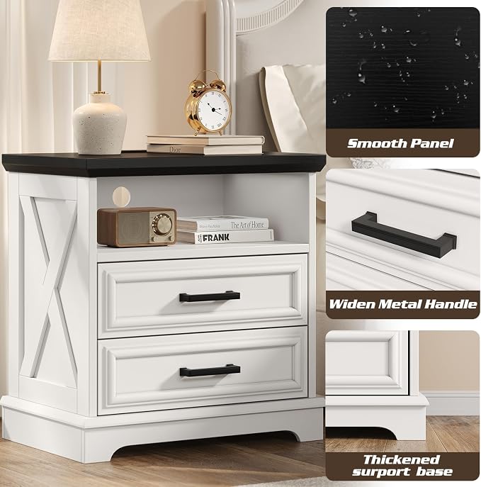 knoworld 24 Inch Wide Farmhouse Nightstands with Charging Station, White Nightstand with 2 Large Drawers, Rustic Wood End Table for Bedroom - Image 6