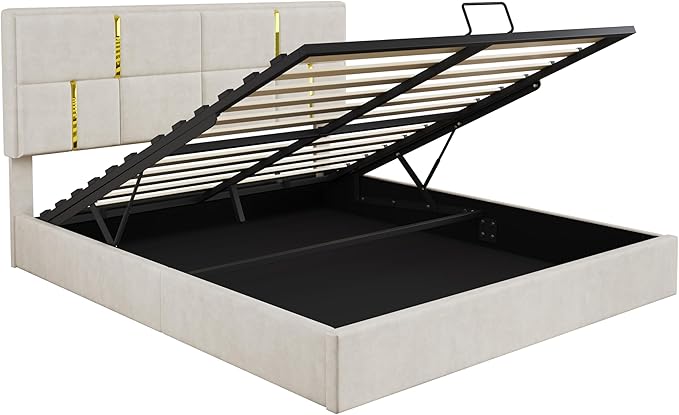 Harper & Bright Designs Queen Size Platform Bed with Lift Up Storage and Ottoman Bench, Velvet Upholstered Queen Bed Frame with Headboard, 2-Pieces Queen Bedroom Sets, Easy Assemble, Beige