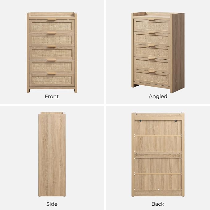 SICOTAS Dresser for Bedroom Chest of Drawers 46" Tall Dresser for Closet with 5 Rattan Drawers Boho Nightstands Set of 3 Large Clothes Storage Cabinet TV Stand for Living Room Hallway Nursery Entryway - Image 9