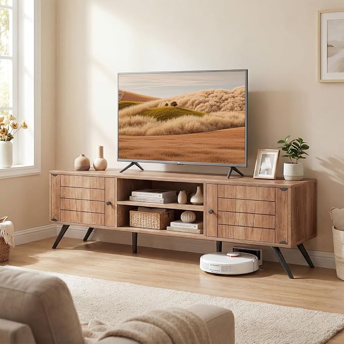 Giantex TV Stand for 65 Inch TV, Mid-Century Modern Entertainment Center w/2 Storage Cabinets, Cable Hole & Open Shelves, Wooden Media TV Console Table for Living Room, Bedroom (59" x 15.5" x 17.5") by Giantex