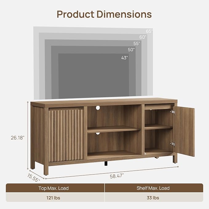 SICOTAS Fluted TV Stand for 55 65 inch TV - Large TV Consoles for Living Room Bedroom, Mid Century Modern Entertainment Center with Storage Cabinet, Wooden Television Stands Media Console, Caramel Oak - Image 2