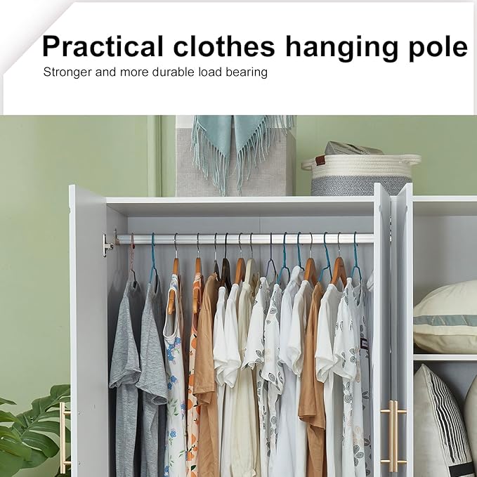 GraceGrove Wardrobe Closet Cabinet with 4 Drawers Large Wardrobe Closet with 4 Doors Ample Storage Capacity, Tall Wood Armoires and Wardrobes with Hanging Rail for Bedroom White