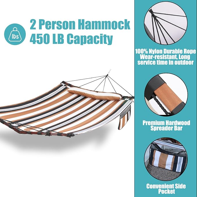TegerDeger 12FT 2 Person Hammock Large Hammock 450LB Capacity with V Shaped Hardwood Spreader Bar & Nylon Rope for Outside, Patio, Garden, Backyard, Beach, Poolside - Coffee Stripes - Image 4